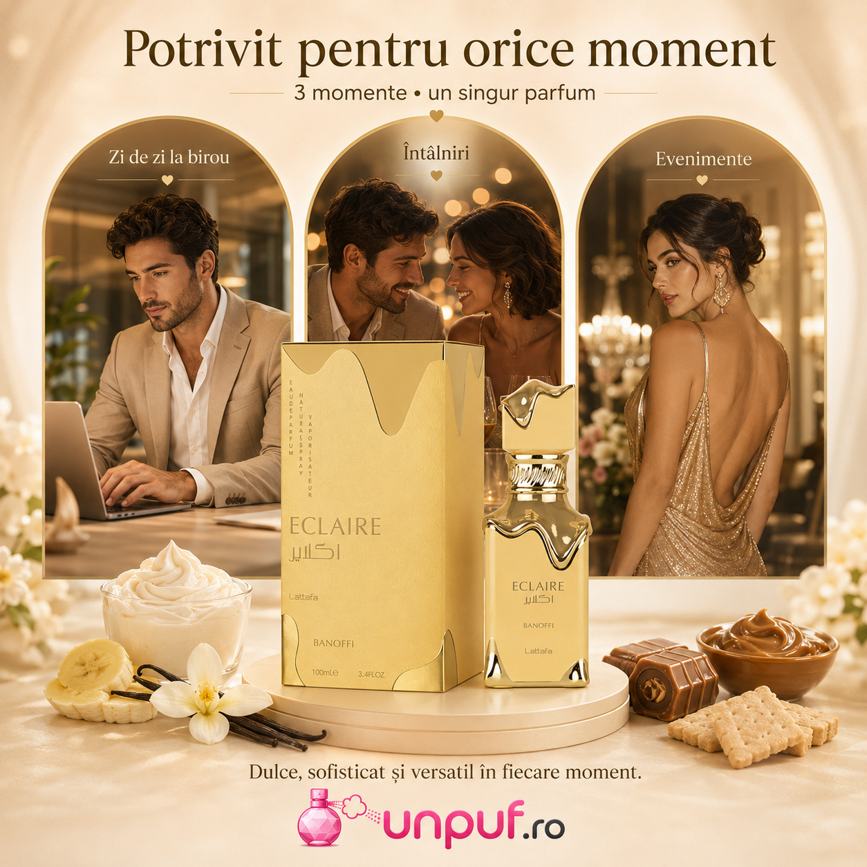 Note olfactive Lattafa Eclaire Banoffi, parfum arabesc unisex cu banană, dulceață de lapte, frișcă, vanilie, pralină, biscuit și mosc